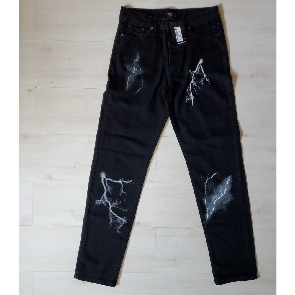 NWT Boohoo Man True Black Relaxed Fit Lightning Print Jeans Men's Size 32 Tall